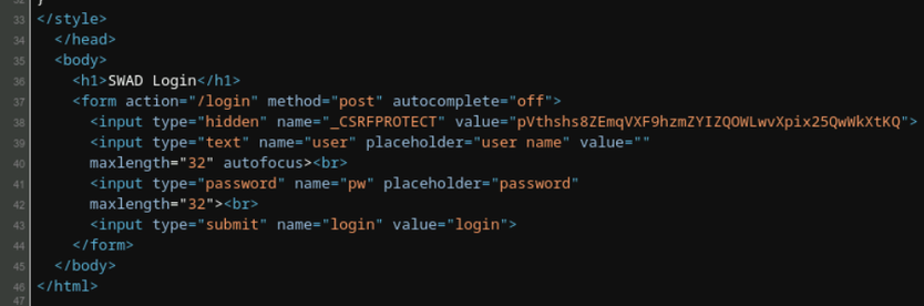 Login form HTML source with dynamically generated CSRF protection token