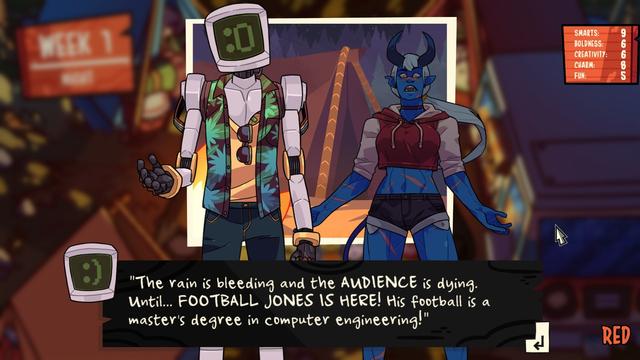 A humanoid robot and a muscular demon woman are on a summer camp. The robot is telling a horror story using generative artificial intelligence: "The rain is bleeding and the audience is dying. Until... Footbal Jones is here! His football is a master's degree in computer engineering!"