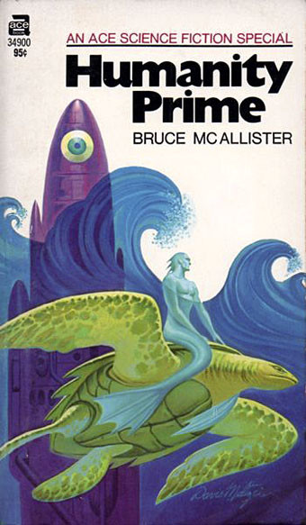 the same image as the other but this one has the title and author of a book at the top, Humanity Prime, by Bruce McAllister