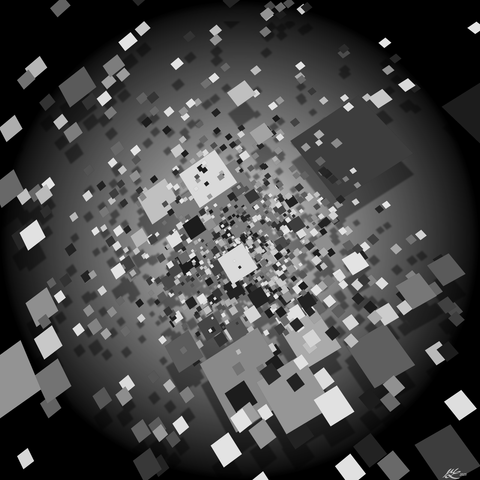 A plethora of grey rectangles of various sizes -- some dark, some light --  floating in space, casting shadows on a grey plane below them. The rectangles are tilted in space slanting downwards slightly towards the bottom left corner. We're falling through a field of rectangles and the ground is far below.