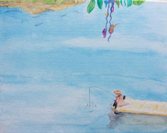 watercolour, painting, lake, fishing