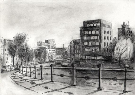 Buildings near a river
