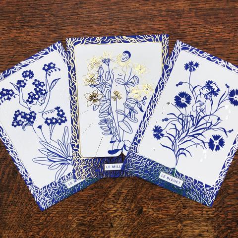 Trois cartes sont posées sur une table en bois. Chacune des cartes représente une chimère-plante. De gauche à droite : le myosotis, le millepertuis et le bleuet.