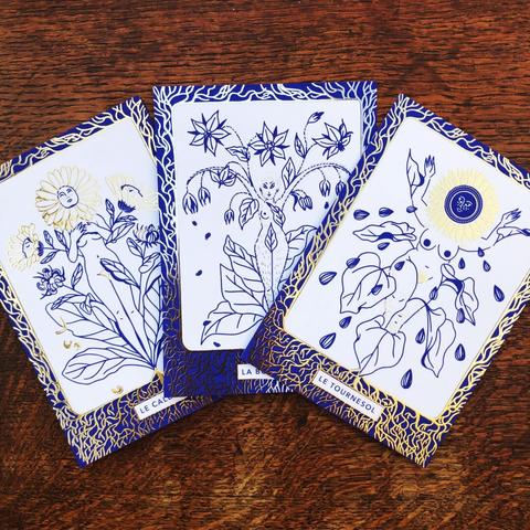 Trois cartes sont posées sur une table en bois. Chacune des cartes représente une chimère-plante. De gauche à droite : le calendula, la bourrache et le tournesol.