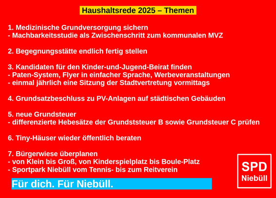 Haushaltsrede 2025 – Themen 

1. Medizinische Grundversorgung sichern
- Machbarkeitsstudie als Zwischenschritt zum kommunalen MVZ

2. Begegnungsstätte endlich fertig stellen

3. Kandidaten für den Kinder-und-Jugend-Beirat finden
- Paten-System, Flyer in einfacher Sprache, Werbeveranstaltungen
- einmal jährlich eine Sitzung der Stadtvertretung vormittags

4. Grundsatzbeschluss zu PV-Anlagen auf städtischen Gebäuden

5. neue Grundsteuer
- differenzierte Hebesätze der Grundststeuer B sowie Grundsteuer C prüfen

6. Tiny-Häuser wieder öffentlich beraten

7. Bürgerwiese überplanen
- von Klein bis Groß, von Kinderspielplatz bis Boule-Platz
- Sportpark Niebüll vom Tennis- bis zum Reitverein

Für dich. Für Niebüll.