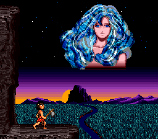 At dusk, a prehistoric man overlooks a forest. In the middle flows a river, and in the distance the sun disappears behind a mountain. In the starry sky, the portrait of a beautiful woman with glistening blue hair stares back at the player.