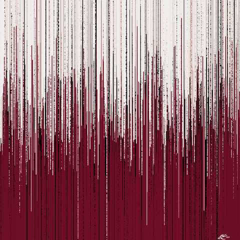 Dark red streaks fall from the top, gathering at the bottom. Lines of maroon, white, and black, dotted. You get something of a the texture of old painted wood, perhaps.