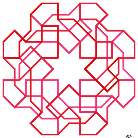 An intricate 8-way radially symmetrical design of intersecting red lines with an 8-pointed star in the middle. There are slight variations in the shades of red.
