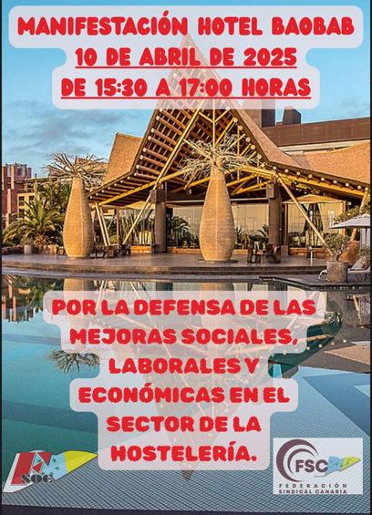 Jueves a las 15.30 h en 📍 El Baobab para apoyar a las compañeras de pisos de dicho hotel por el abuso que está cometiendo la empresa contra el departamento de pisos.

📢 Hoy por ellas mañana por ti, que se nos vea en las calles.