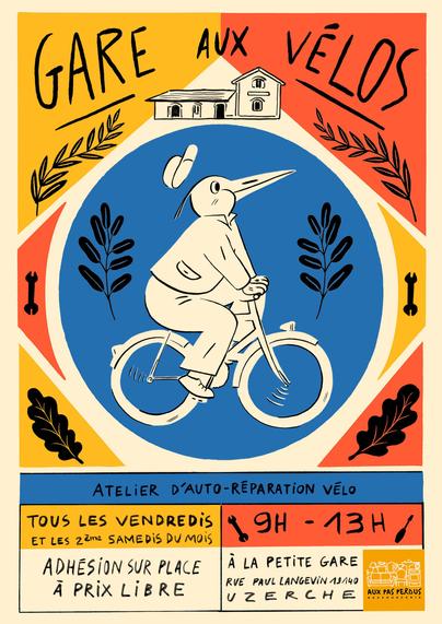Poster on wich you can see a heron riding a bike with ink style drawing, the bird is centered in the image on a blue circle there are stylised plant drawn around him. The title Gare aux vélos appears on top of the poster. The house of the bike workshop is drawn beneath this title. Written information are placed at the bottom. Red, blue, yellow are the color used to rythme with geometrical forms the background poster.