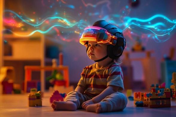 This shows a baby in a futuristic brain scan helmet.