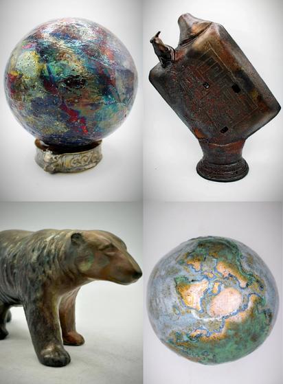 A four panel image of pottery. On the top left is a orb, in raku glaze, with red, blue, green, silver.

On the top right is a sculpture called the Minotaur's Maze and is copper coloured and rectangular, but offset at 45 degrees on a base.