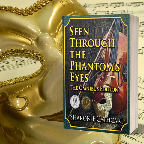 Cover image of Seen Through the Phantom's Eyes, overlaid on sheet music and a golden mask