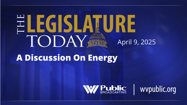 A blue background with the words, "The Legislature Today: A Discussion on Energy."