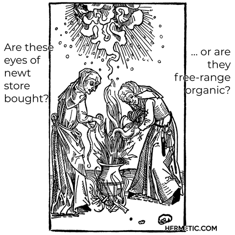 Woodcut of two witches / women stirring a cauldron, with the words in OP