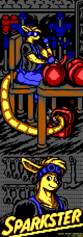 At night, a yellow, semi-cartoonish opossum wearing goggles, a black shirt and overalls sits in a dark garage. He has taken a jetpack from a hook in the back wall nearby his suit of armor, and placed it on a table in front of a pegboard so he can open up and examine it with a flashlight. While he prepares to remove a spark plug from the jetpack, he uses his tail to open a box of parts and take out a replacement. Below this scene is a portrait of the opossum with his goggles off, looking aside at the viewer with a smile, in front of a pegboard from which sets of wrenches and a hammer are hanging. Below him is the name "Sparkster".