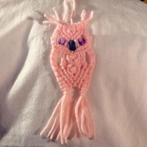 A pink and slightly wonky macramé owl with clear purple beads for eyes and a blue beads for a beak
