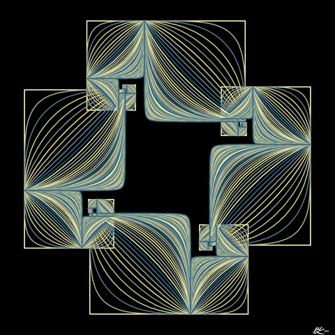 A circular chain of four square spirals with the boxes filled in with curves of pale yellows and blues.