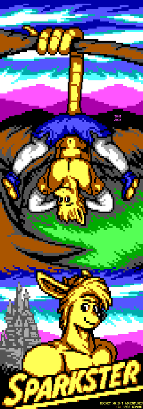 During the day, in a vast and open field with mountains in the distance, a yellow, semi-cartoonish opossum wearing gym shorts, compression sleeves and leggings, and running shoes uses his tail to hang from the long branch of a tree. His tail is thick and curled multiple times around the branch, and he hangs upside down with his hands behind his head, his legs spread, and a smile at the viewer, showing off the muscles in his chest and arms. Below all of this is a portrait of the opossum with the same expression, in front of the tall and regal castle where he serves as a knight. Below him is the name "Sparkster".
