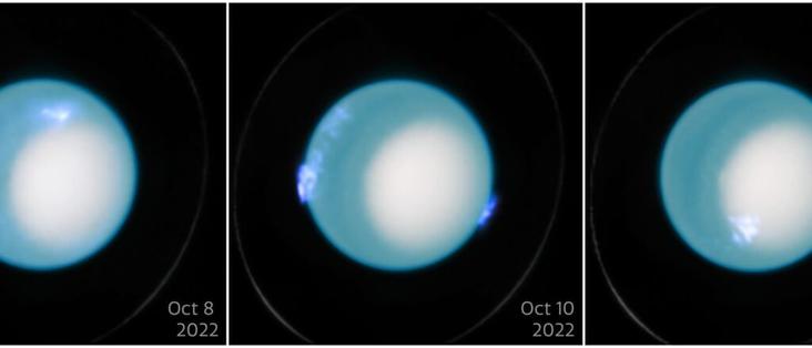 Drei nebeneinander angeordnete Bilder des Planeten Uranus, aufgenommen am 8., 10. und 24. Oktober 2022. Jedes Bild zeigt den Planeten mit einem hellen, weißen Zentrum und einem bläulichen Rand. Die Bilder zeigen leichte Veränderungen in der Atmosphäre des Planeten über die Zeit. Keine Menschen sind auf den Bildern zu sehen.