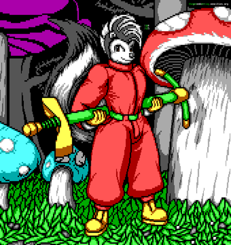A skunk man with a white mohawk, the front spikes filled in with black, stands on a grassy cliff surrounded by giant mushrooms deep in a forest while carrying a pogo stick behind himself in both arms. He is wearing a loose red jumpsuit with a green belt, yellow gloves and boots, and smiling confidently toward the viewer.