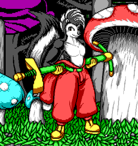 A skunk man with a white mohawk, the front spikes filled in with black, stands on a grassy cliff surrounded by giant mushrooms deep in a forest while carrying a pogo stick behind himself in both arms. He is wearing a loose red jumpsuit with a green belt, yellow gloves and boots; and his shirt is off, draped over his tail, revealing his athletic build. He smiles confidently toward the viewer.