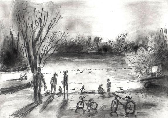 A manmade lake at dawn.