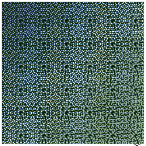 A regular pattern of silver loops over a sea green background. The colouring is more blue towards the top left, more yellow towards the bottom right. The pattern repeats, but it isn't trivial. The result is a pleasing flow. It looks like the wallpaper from an Edwardian parlor.

Colophon: 
Flip: A118636 = Start with 1 and repeatedly reverse the digits and add 40 to get the next term
Swap: A306443 = Number of ways of partitioning the set of the first n primes into two subsets whose sums differ at most by 1