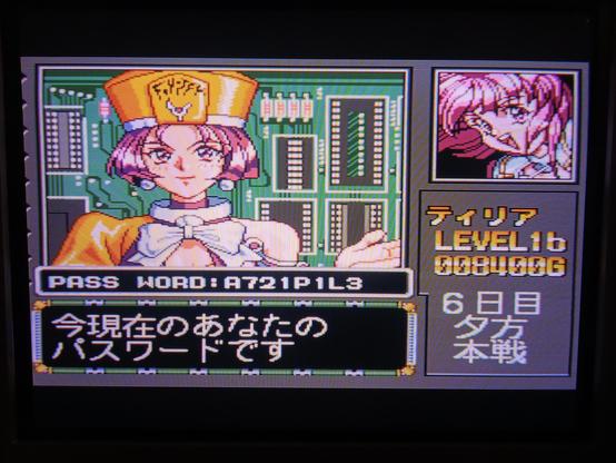 Schermata di un videogioco con l'illustrazione in pixel art di una negoziante in abiti fantasy, che comunica una password al giocatore. A sinistra c'è l'illustrazione di un personaggio femminile dai capelli rosa.