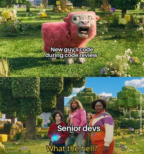 From the Minecraft movie:

A sheep labeled "New guy's code during code review"

Human characters labeled "Senior devs" looking at it saying "What the hell?"