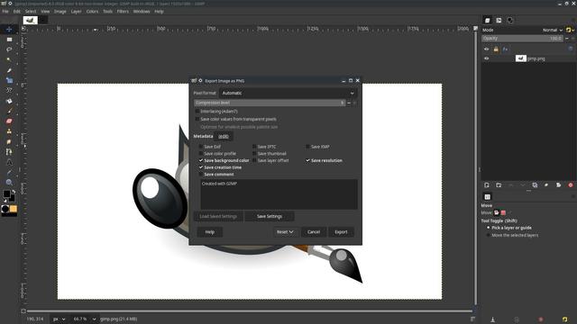 A screenshot of GIMP Export Image as PNG dialogue box.