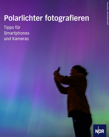 Ein Himmel mit Polarlichtern, davor der Schatten einer Person, die ein Smartphone in beiden Händen hält.

Text: Polarlichter fotografieren.
Tipps für Smartphones und Kameras