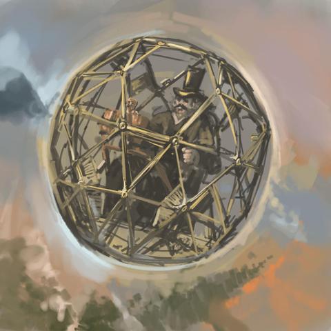 Digital painting of steampunk time machine - a polyhedral vehicle driven by Victorian gentleman