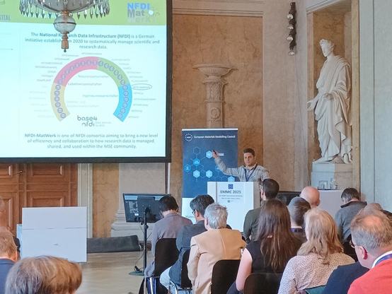 Hossein presenting at the EMMC. He is pointing to the projected slide depicting the 27 NFDI consortia. The audience is watching.