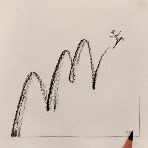 Highly stylized graphite drawing. From bottom left to top right, graphite curves, with a few strokes at the end, reminiscent of a person jumping, arms flung in the air.