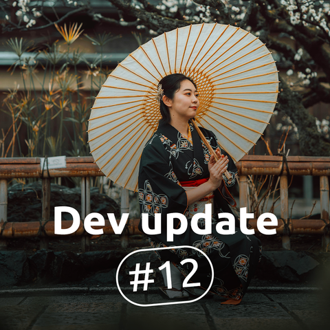 A woman in traditional Japanese kimono holds a parasol while kneeling in a peaceful outdoor setting. The text “Dev update #12” is overlaid in bold white letters.