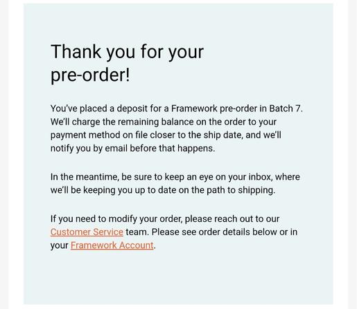 Framework 12, Batch 7 pre-order confirmation.