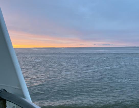 Silhouet van westpunt Terschelling tegen geel van ondergaande zon, met Waddenzeevoorgrond :)