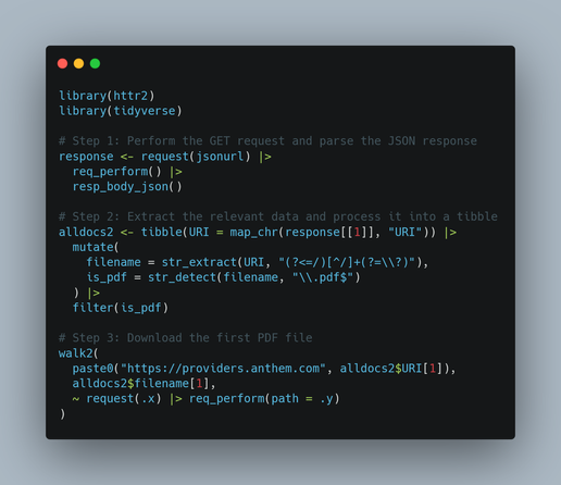 #### ALT Text Description

A screenshot of R programming code displayed in a code editor. The code utilizes the `httr2` and `tidyverse` libraries to perform a GET request to a specified JSON URL, extract relevant data, and filter for PDF filenames. The last step involves downloading the first PDF file from the extracted data. The code is structured with comments indicating each step of the process. The background of the code editor is a light blue gradient.