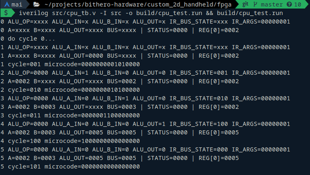 Output of an Icarus Verilog run that shows 5 cycles of the CPU running a very basic addition instruction build from microcode steps.