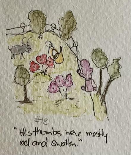 A hand-drawn illustration depicts a whimsical park scene with trees, flowers, and a small gray dog. A person is positioned in the center, observing the surroundings. The quote below reads, "his thumbs were mostly red and swollen."
