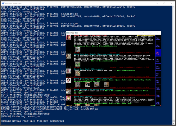 PowerShell window showing debug output with DOStodon on top