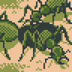 A small hole in the ground with 2 ants emerging and another entering, imagined as 48 x 48 pixel art (resized to 144x144)
