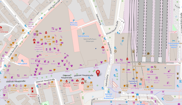 Karte von der Fußgängerzone Ottenser Hauptstraße, Lage westlich vom Kopfbahnhof Altona und neben Mercado.