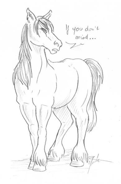 Pencil drawing of a big horse looking rather annoyed and saying "If you don't mind..."