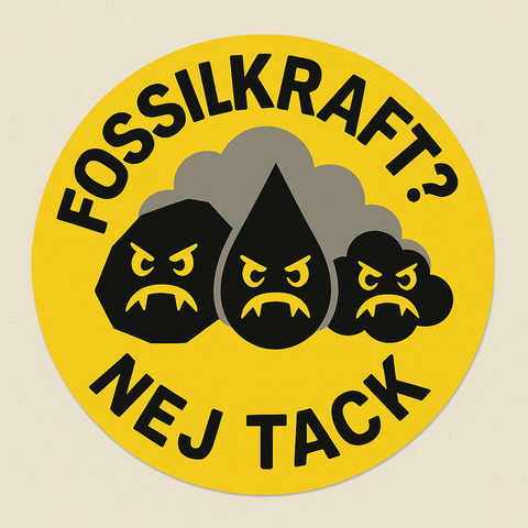 AI-genererad antifossilkraftversion av den klassiska "Atomkraft? Nej Tack"-loggan.
Gul bakgrund. Svart kolbit, svart oljedroppe, svart fossilgasmoln, med grått avgasmoln bakom. 
Ovanför står "Fossilkraft?" 
Nedanför står "Nej Tack"