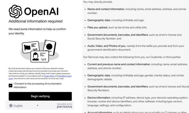 OpenAI identity verification screen with "Begin verifying" button.