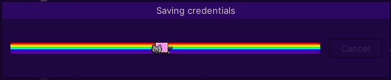 A loading bar saying "Saving credentials" and looping endlessly.
