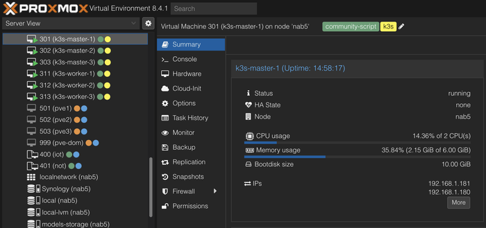 My 6 k3s VM on my proxmox node