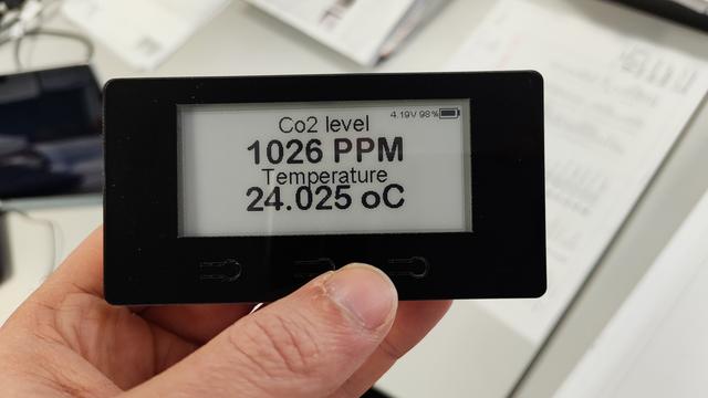 An eink display reading 
co2 level 
1026 PPM
Temperature
24.025oC